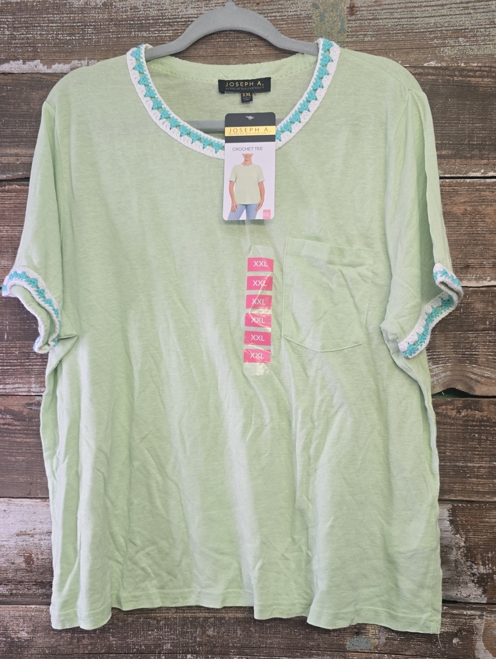 Joseph A. Mint Green Tee with White & Aqua Crochet Trim, Size XXL, NWT